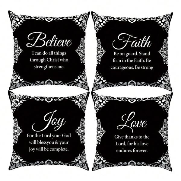4pcs Simple Black & White Bible Verse Decorative Pillow Case Set, Single-Sided Printed Peach Velvet Fabric, 45*45/50*50/40*40CM Cushion Cover For Modern Fabric Sofa, Indoor Decor, Party Decoration, Gift