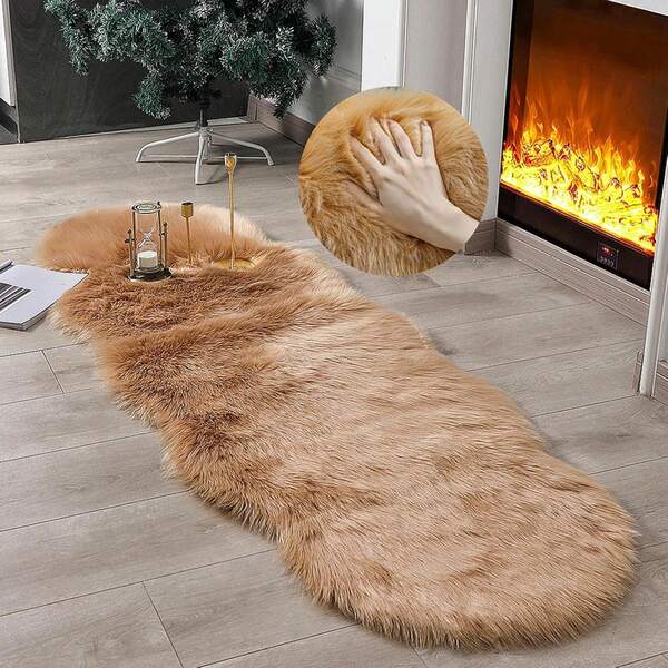 Faux Fur Rug Sheepskin Shag Fluffy Fuzzy Runner Rugs For Bedroom Bedside Bed Floor Living Room Plush High-Density Cushion Camel Carpet Super Soft Chair Cover Seat Pad For Bedroom Floor Sofa