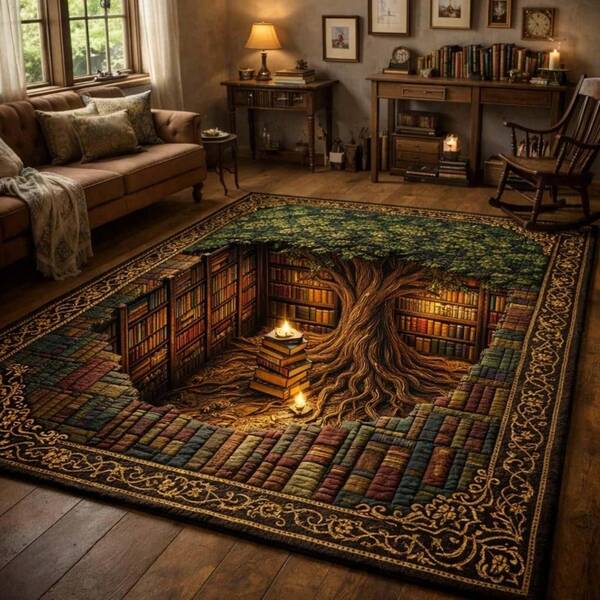Library Tree Of Knowledge Area Rug, Book Lover Rug, Hidden Library Illusion Carpet, Dark Academia Reading Room Decor,Vintage Book Rug,Boho Gothic Living Room Area Decor, 32*20inch /84*60inch, Stylish And High-Quality Rugs, Perfect For Home Decor